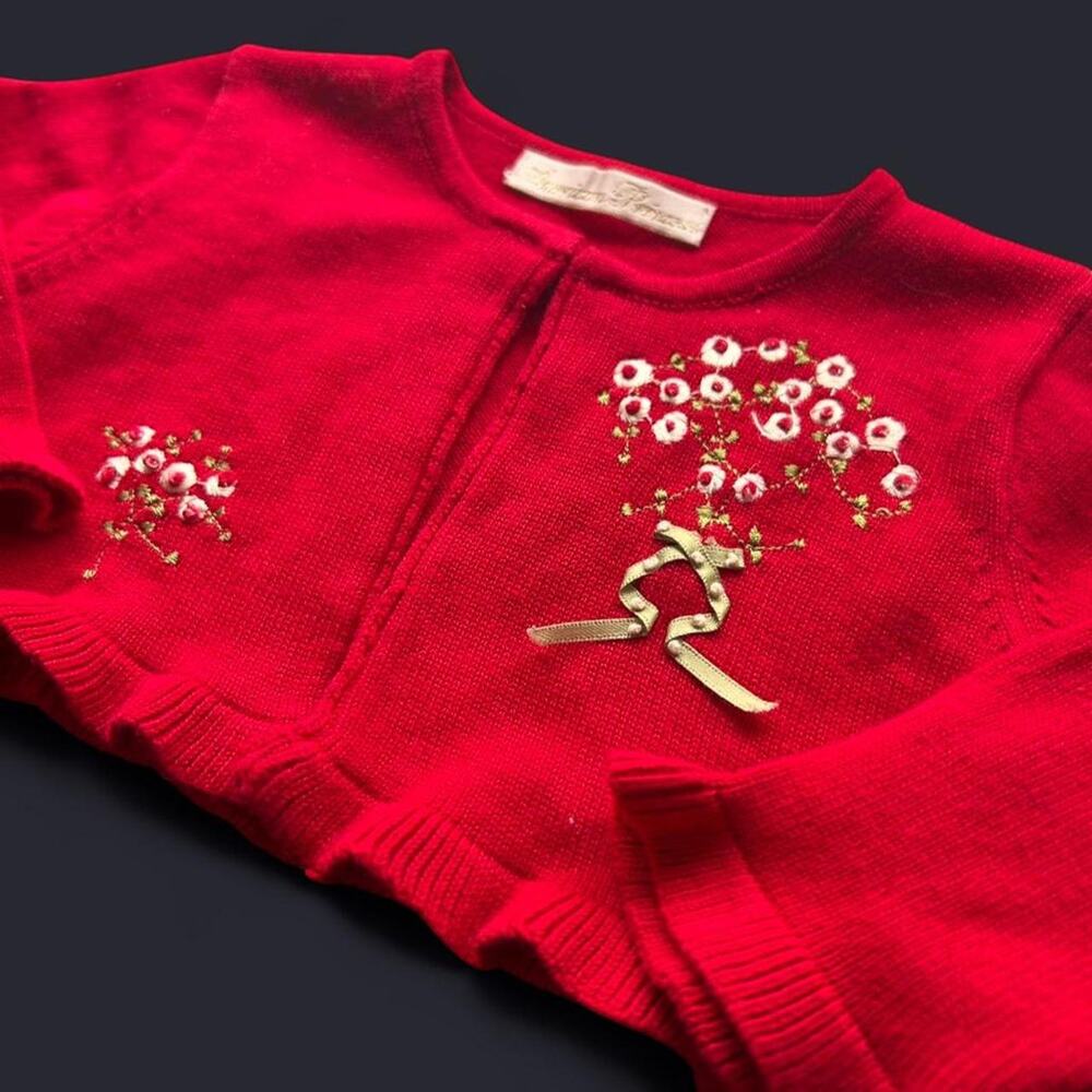 Vintage American Princess 12mo Ruffle Sweater Floral Embroidery